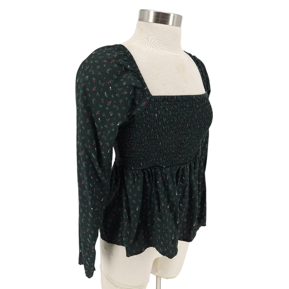 Old Navy Babydoll Peplum Shirt Green Floral Long Sleeve Smocked Top Medium - Picture 4 of 8